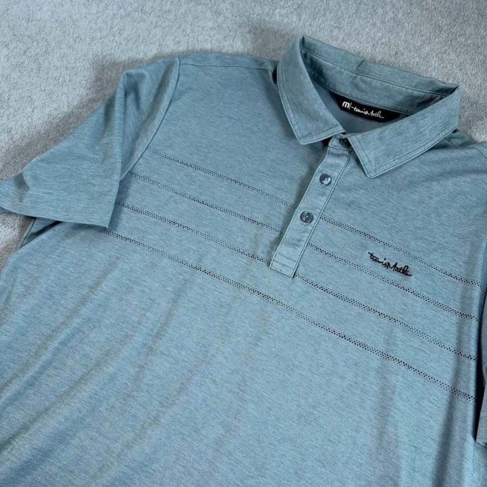 TravisMathew Polo Shirt Mens L Blue Solid Textured Stripe Georgia Club Golf